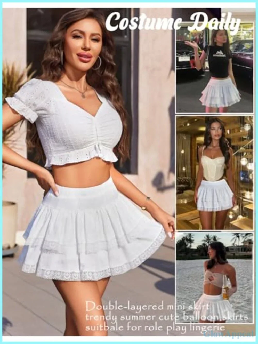 Women's High Waisted Tiered Ruffle Mini Skirt A-Line Flared Lace Hem Cosplay